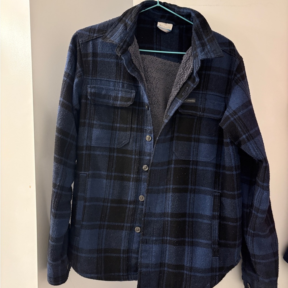 Columbia Blue and Black Plaid Button Down Shirt